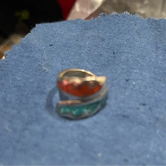 Silver Zuni Native artisan inlaid turquoise coral adjustable pinky ring Vintage